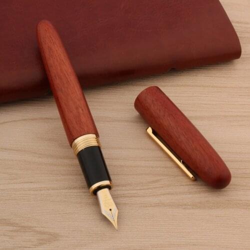 Luxury Jin Hao 9056 Red Wooden Fountain Pen Mahogany F Fude Nib Bending Spin Stationery Office Supplies Golden Ink Pens