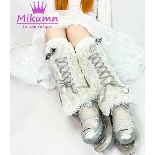 Harajuku Christmas Angel Wings Lace-UP Lace Snowflake Furry Leg Warmers Socks Women Winter Warm Chic Leg Cover