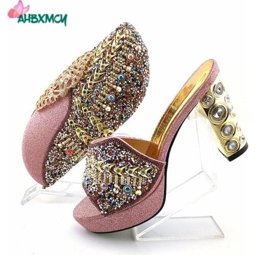 Pink New Design Italian Ladies Shoes and Bag Set with Platform Slingbacks Slipper Decorate with Rhinestone for Christamas