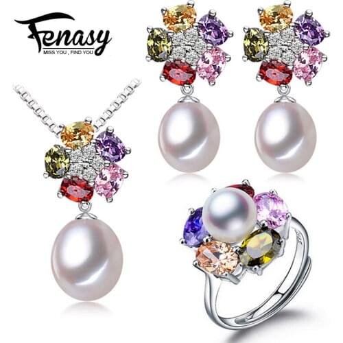 FENASY 925 Sterling Silver Stud Earrings Natural Pearl Jewelry Sets For Women Bohemian Drop Earrings Flower Pendant Ring