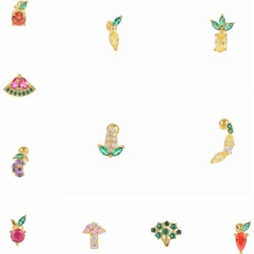 MC Single Zircon Fruit Vegetable Earring For Girls Women 925 Sterling Silver Helix Piercing Ear Stud Mushroom Broccoli Aretes
