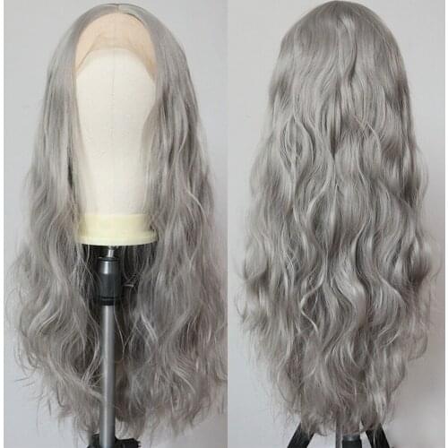 Body Wave Grey Synthetic Wigs for Women Heat Resistant Fiber Hair Long Wavy Synthetic Lace Frontal Gray Wigs