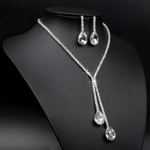 Wedding Bridal Silver Plated Drop Shape Crystal Rhinestone Necklace Earrings Jewelry Set for Women 5SPN 6KAE 7FPW 9SCF