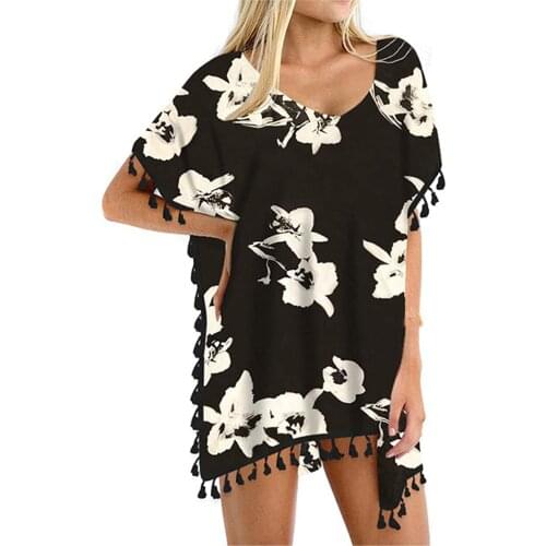Loose Beach Dress Cover Up Tops Women Trim Kaftan Chiffon Tassels Solid Hollow Out Beach Dress Robe De Plage