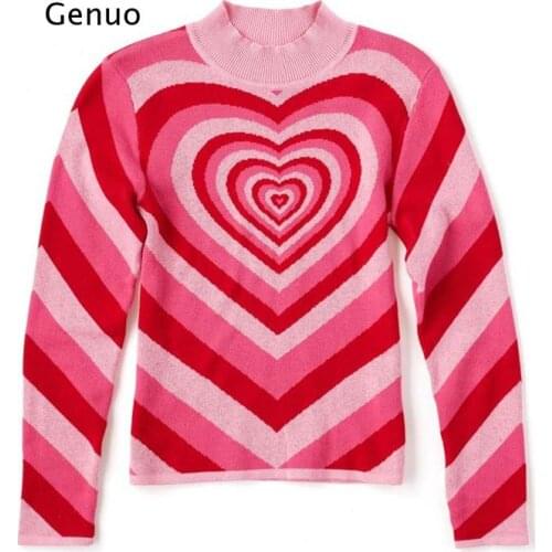 Heart Striped Turtleneck Pullovers E-Girl Sweet Long Sleeve Hot Pink Sweater Harajuku 90S Knitwear Autumn