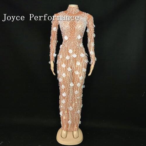 White Flower Silver Rhinestones Pearls Dress Evening Party Celebrate Singer Outfit Wear Birthday Celebrate Prom Long Sleeves