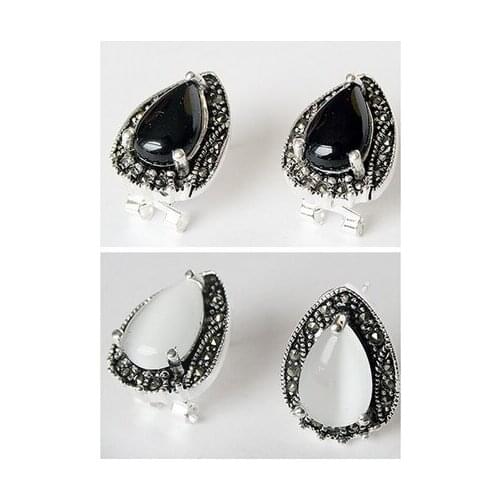 Vintage BLACK AGATE AND WHITE OPAL MARCASITE Silver EARRINGS