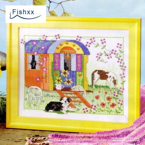Fishxx Cross Stitch European magazine Crazy98-1 pasture scenery cartoon colorful hut hand sewing embroidery
