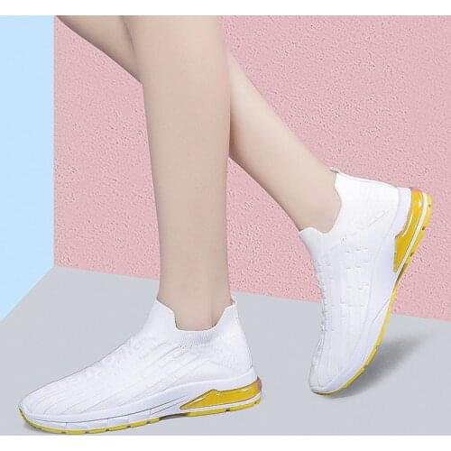 2021 Women Flats Shoes Flat Platform Slip on Casual Mesh Sneakers Loafers Black Sock Female Stretch Creepers Footwears