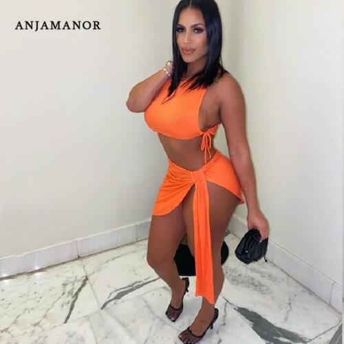 ANJAMANOR Orange Two Piece Skirt Set Solid Rib Bodycon Dress Suits Sexy Club Outfits for Women Matching Sets Wholesale D27-BI26