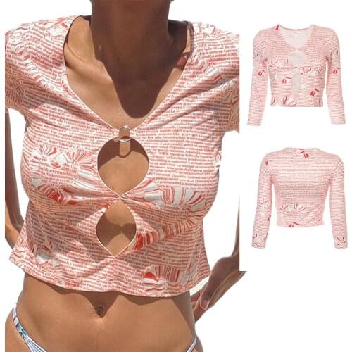 2021 Womens Fashion Cutout Crop Tops Sexy Long Sleeve V Neck Letter Print Ring Front T-Shirts for Vacation