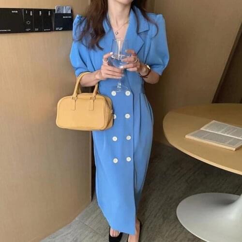 Free Shipping New Women Dress Summer Korean Chic Temperament Lapel Double-breasted Waist Bubble Sleeves Suit-style Long Vestido