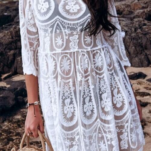 Women Sexy Backless Bikini Cover Up White Embroidered Floral Lace Swimwear Dress