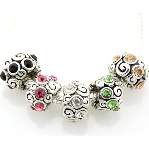 20pcs /Lot Vintage Silver Color White Black Green Pink Coffee Mix Rhinestone Big Hole Beads Fit Charm Bracelet Jewelry DIY EE47