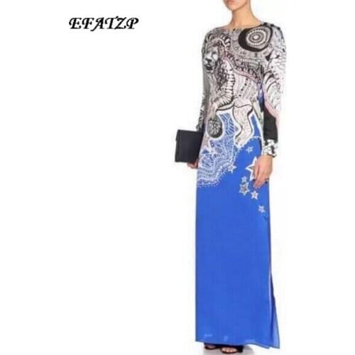 2016 Runway Designer Long Dress Womens High Quality Long Sleeve Baroque Printed Signature Stretchable Maxi Jersey Silk Dress