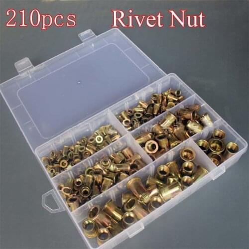 210PCS/Set Flat Head Threaded Rivetnut Insert Nutsert Rivet Nut Assortment Kit, M4 M5 M6 M8 M10 M12, Color Zinc Plating