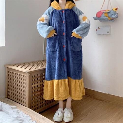 Coral Velvet Bathrobe Women Cartoon Cute Warm Hooded Robe Cardigan Flannel Kimono Bath Robe Dressing Gowns Sleepwear