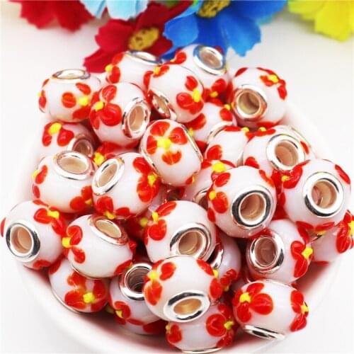 10Pcs/Lot 16mm Round Large Hole Flower European Glass Beads Fit Pandora Bracelet Bangle Snake Chain Cord Hair for Jewelry Making