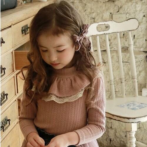 DFXD Korean Style 2021 Spring Autumn Kids Girl Long Sleeve Princess T Shirt Blouse Lace Double Layered Collar Knit Tops 2-12Yrs