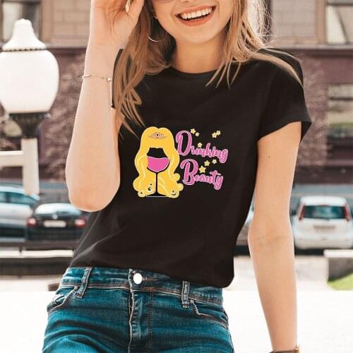 Drinking Beauty Letters Pattern T-Shirt Female Summer New Products Short Sleeve Disney Black White Dropship T Shirt Women o-Neck