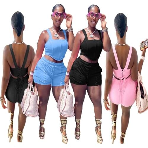 2-Piece Summer For Womens Sets Sleeveless Vest + Pants Backless Sexy Shorts Sets Solid Color Casual Sports Suit Black 2021 New