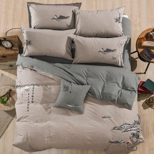 Embroidered Bedding Set New Chinese-style Washed Cotton Bed Sheet Pillowcase Duvet Cover 4PCS for Home