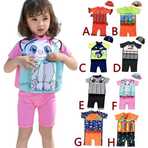 Summer Baby Girl Swimwear Kids Boys Girls Float Suit Two Pieces Adjustable Buoyancy Cartoon Swimsuit Cap Beach Roupa Infantil