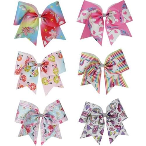 Hot sale 7 Inch Hair Bows cartoon unicorn cheer bows Elastic Hair Bands PRINT ribbon FOR Girls Hair Accessories 12pcs