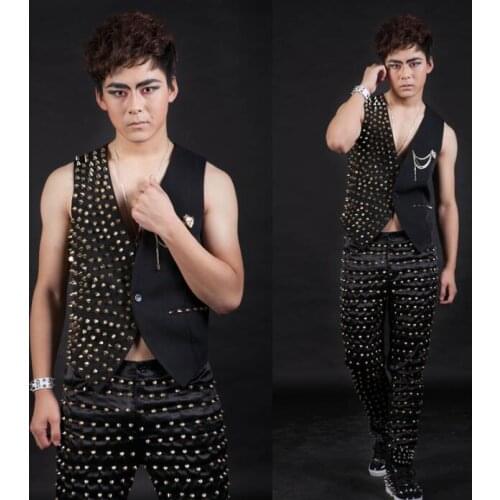 2020 summer style personality slim male sleeveless gold rivets vest men punk rock costumes singer dance stage star fashion black