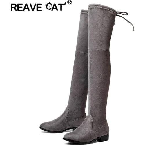 REAVE CAT Spring Autumn shoes Women boots Lace up Flat Long Boots Winter boots Solid Pointed toe Flock Over The Knee A875