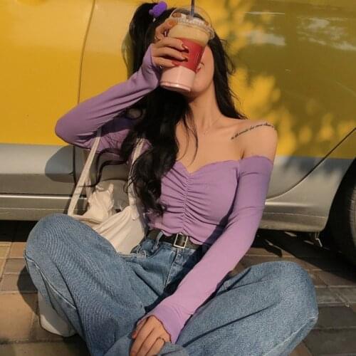 Sexy Off Shoulder T Shirt 2020 New Long Sleeve Tops Trendy Slim Crop Tops Fashion Casual Solid Color T-shirt