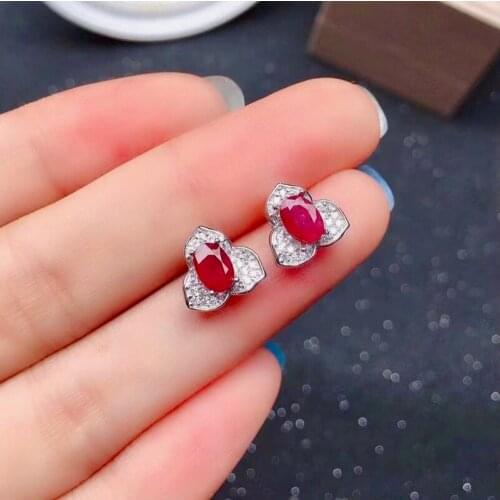 Simple Silver Gemstone Stud Earrings 4mm*6mm Natural Ruby Earrings 925 Silver Ruby Stud Earrings for Daily Wear