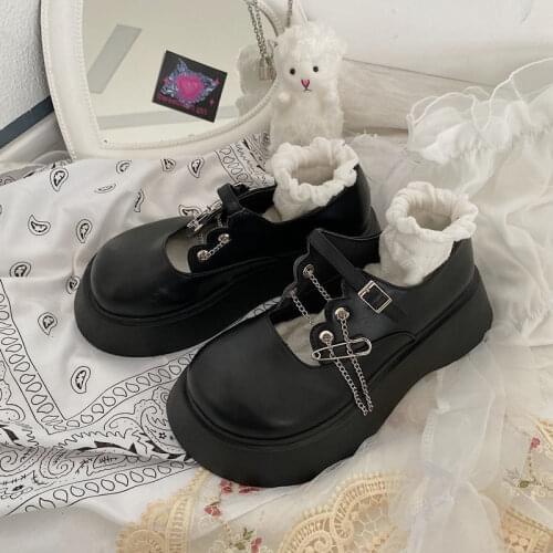 Apanzu Lolita Platform Shoes Diablo Mary Jane Shoes Round Toe Block High Heel Belt Buckle Metal Chains Zipper Gothic Punk Pumps