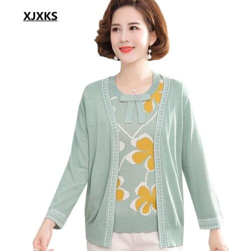 XJXKS 2021 Fall New Women Thin Two-piece Set Comfortable Short Sleeve Top + Wool Knitted Nine-Sleeve Sleeve Cardigan