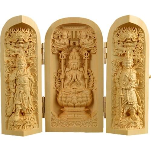 Niches Western Sansheng Guanyin Huangyang Wood Carved Solid Wood Decoration Buddha Statue Carried with Fulushou Sankai Buddha Ni