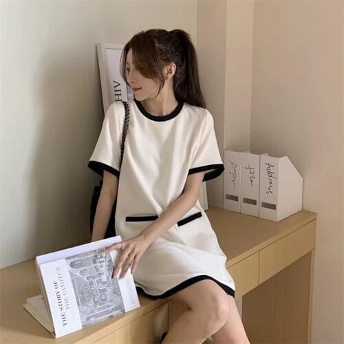 Womens New Splicing Color Short-sleeved A-line Skirt Womens Summer Korean Style High Waist Loose Short Skirt Dress