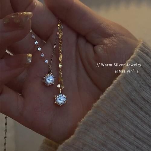 2021 Korean Fashion 925 Sterling Silver Jewelry Simple Gold Silver Chain Shiny Crystal Zircon Pendant Necklaces For Women Gift