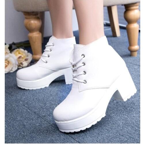 Women Boots New Fashion Black&White Punk Rock Lace Up Platform Heels Ankle Boots thick heel platform shoes sdc56