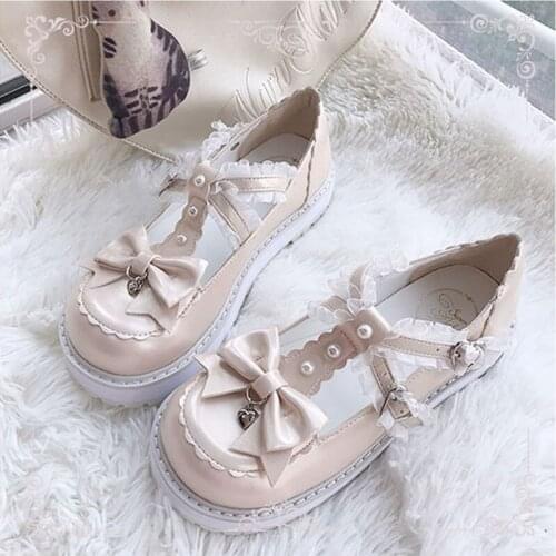 Sweet Girls Female Kawaii Tea Party Cos Japanese Cute Anime Lolita Shoes Women Round Toe Bow Buckle Feminine Platform Flats