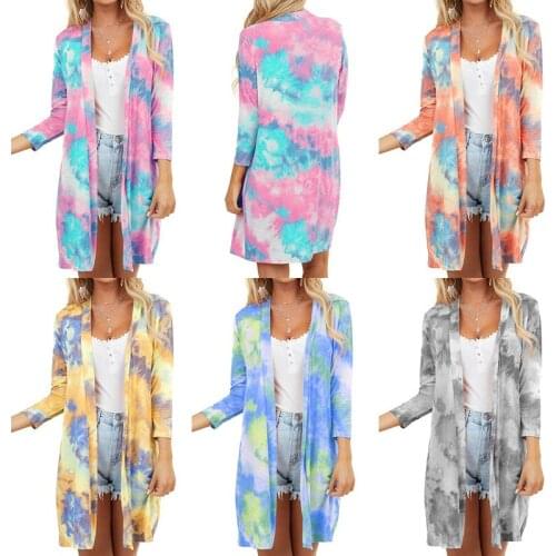 2020 Summer Autumn Women Cardigans 3/4 Sleeve Sleeves Loose Style Long Coats Tie-dye Printed Beach Coats