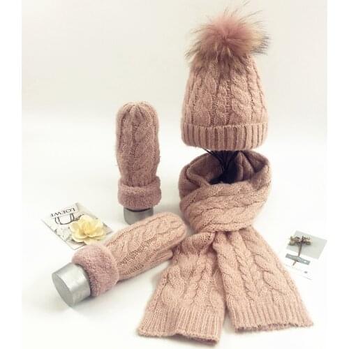 New 2019 Winter Women Hat Scarf Gloves Set For Men Women Winter Outdoor Warm Thick Beanie Caps With Lining Girls Pom Pom Hat Set