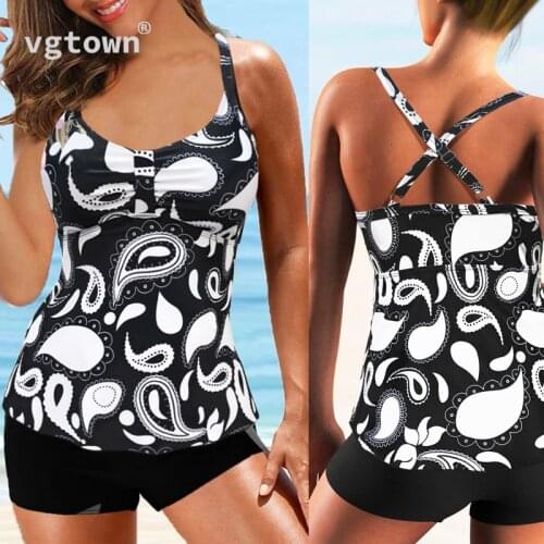 Swimwear Women Plus Size 5XL Tankini Swimsuits with Shorts V neck Tankinis Set Swim Wear Black Print Bathing Suit