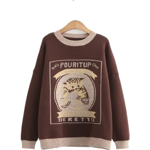 Autumn Winter New Womens’ Cartoon Embroidery Harajuku O-neck Knitted Sweaters Knit Sweaters Female Jumpers Pullovers 2012327