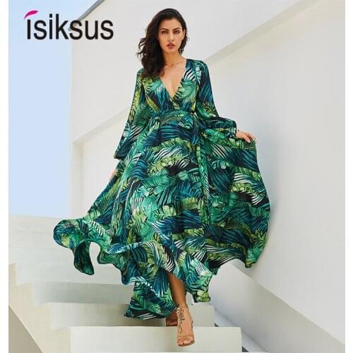 Isiksus Floral Long Sleeve Maxi Dress Boho Dress Women Summer Beach Vintage A Line Green Tropical Autumn Dresses For Women DR137