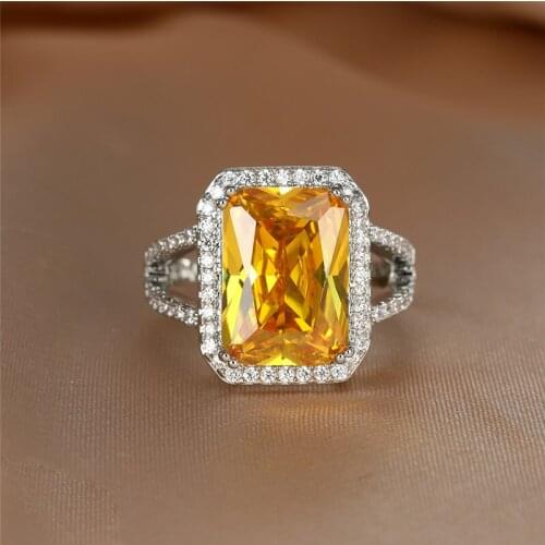 Geometric Zircon Square Stone Ring Female Luxury Yellow Crystal Ring Vintage Silver Color Wedding Rings For Women Bridal Jewelry