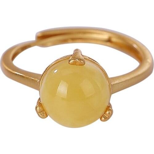 925 sterling silver gold plated Inlay Natural amber beeswax Ring Retro Personality Simple Ladies Open ring Fashion Jewelry
