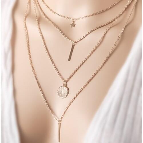 Vintage Cute Multilayer Necklace Choker Chain With Wafer Strip Pentagram Pentacle Pendant Necklaces For Women Jewelry Party Gift