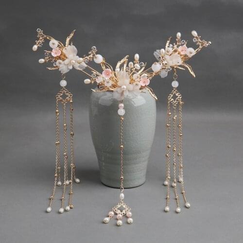 Golden Pink Flower Hair sticks earrings Beautiful Suit chinese style Comb girls bride wedding hair accessories