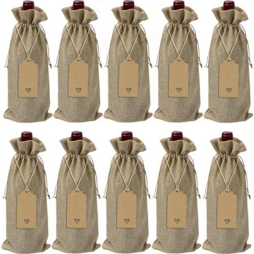 10pcs/lot Wine Bottle Covers Drawstring Bag With Heart Tag Set Burlap Linen Pouches For Christmas Wedding Decoration Storage Bag