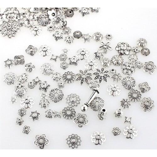 100g/bag Mixed Silver Gold Color Flower Beads Cap For DIY Jewelry Making Finding Needlework Tibetan Antique DIY Bead Cap